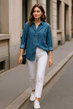 jeans putih cocok dengan baju warna apa - Gaya street style wanita dengan kemeja denim oversize dan jeans putih, mengenakan sneakers dan tas kecil, berpose di jalan kota dengan vibe kasual modern