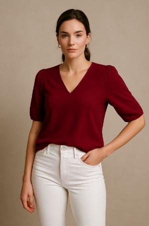 jeans putih cocok dengan baju warna apa - Model memakai blouse merah marun mencolok dan jeans putih, berdiri di depan latar berwarna netral dengan pose confident, menonjolkan tampilan bold dan stylish