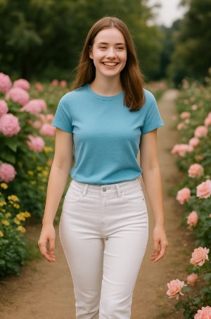 jeans putih cocok dengan baju warna apa - Remaja mengenakan atasan warna baby blue dan jeans putih, berjalan di taman sambil tersenyum, dikelilingi bunga-bunga pastel yang menambah kesan ceria dan fresh
