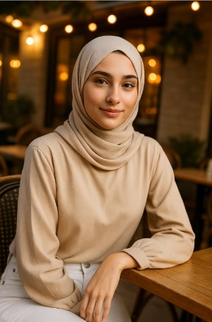 jeans putih cocok dengan baju warna apa - Wanita berhijab dengan blouse warna beige dipadukan dengan jeans putih, duduk santai di kafe outdoor dengan pencahayaan hangat yang memberi kesan lembut dan feminin