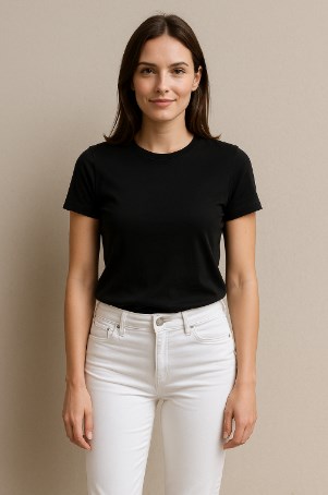 jeans putih cocok dengan baju warna apa - Wanita mengenakan kaos hitam polos dan jeans putih, berdiri santai di depan dinding netral dengan ekspresi percaya diri, menunjukkan gaya minimalis elegan.