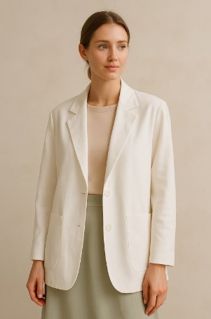 Warna Outer yang Netral untuk Semua Baju - Model wanita tampil clean look dengan outer putih dan busana pastel, mencerminkan gaya minimalis dan segar