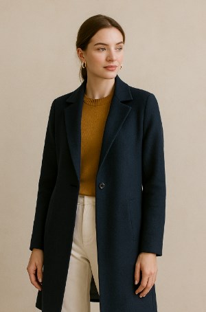 Warna Outer yang Netral untuk Semua Baju - Tampilan elegan dengan outer navy bergaya long coat, dipadukan dengan inner mustard dan aksesori emas