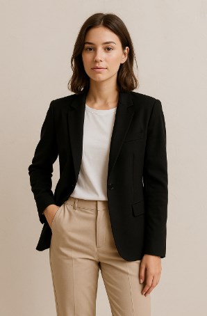 Warna Outer yang Netral untuk Semua Baju - Wanita mengenakan outer hitam klasik dengan padu padan celana krem dan kaus putih, tampak elegan dan serbaguna untuk segala suasana